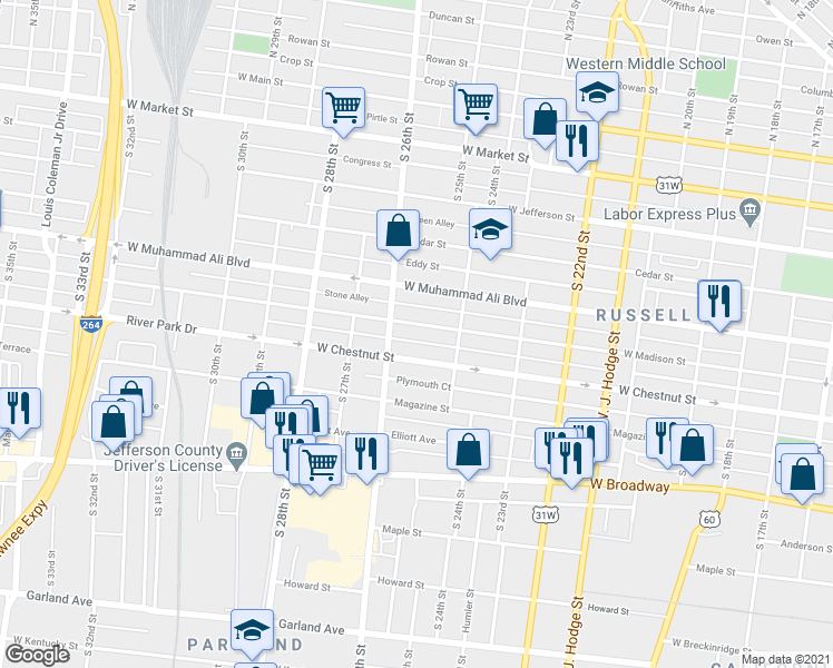 map of restaurants, bars, coffee shops, grocery stores, and more near 2506 West Madison Street in Louisville