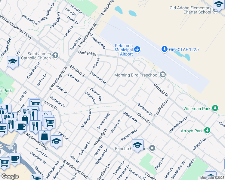 map of restaurants, bars, coffee shops, grocery stores, and more near 528 Ely Boulevard South in Petaluma