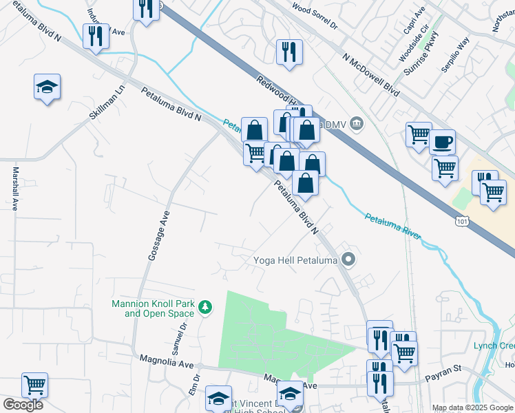 map of restaurants, bars, coffee shops, grocery stores, and more near 60 Jessie Lane in Petaluma