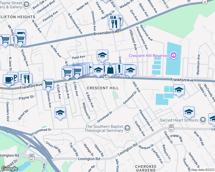 map of restaurants, bars, coffee shops, grocery stores, and more near in Louisville