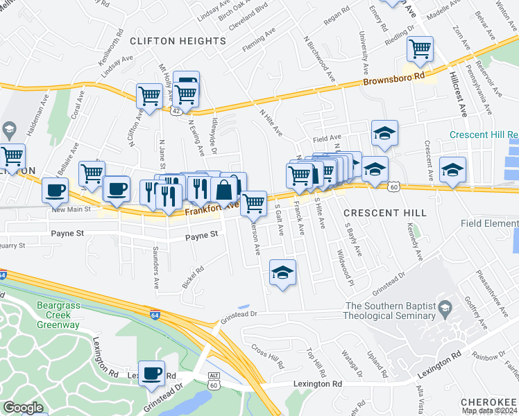 map of restaurants, bars, coffee shops, grocery stores, and more near 126 South Peterson Avenue in Louisville