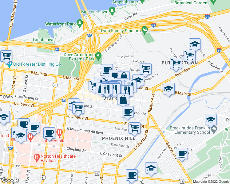 map of restaurants, bars, coffee shops, grocery stores, and more near 822 East Market Street in Louisville