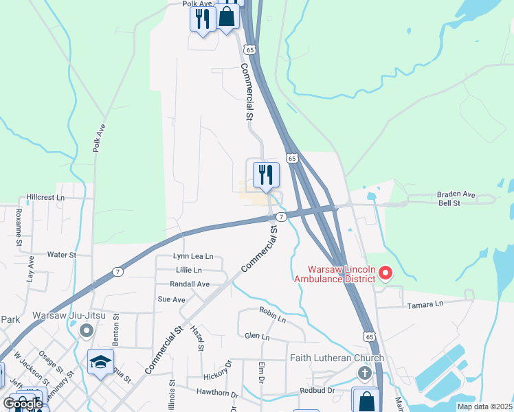map of restaurants, bars, coffee shops, grocery stores, and more near 1238-1254 Commercial Street in Warsaw