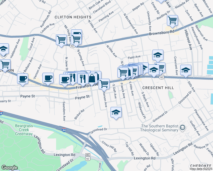 map of restaurants, bars, coffee shops, grocery stores, and more near 126 South Peterson Avenue in Louisville