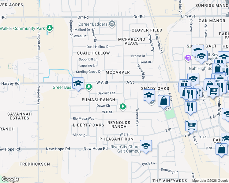 map of restaurants, bars, coffee shops, grocery stores, and more near 126 Michelle Court in Galt