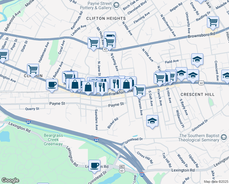 map of restaurants, bars, coffee shops, grocery stores, and more near 2346 Frankfort Avenue in Louisville