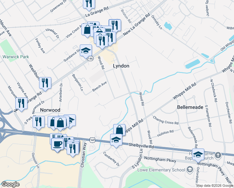 map of restaurants, bars, coffee shops, grocery stores, and more near 324 Wood Road in Louisville