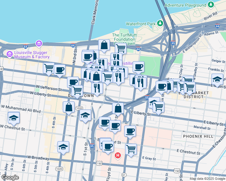 map of restaurants, bars, coffee shops, grocery stores, and more near Produce Plaza in Louisville