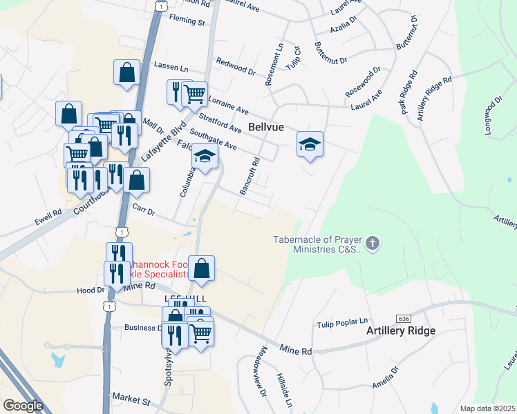 map of restaurants, bars, coffee shops, grocery stores, and more near 330 Clay Street in Fredericksburg