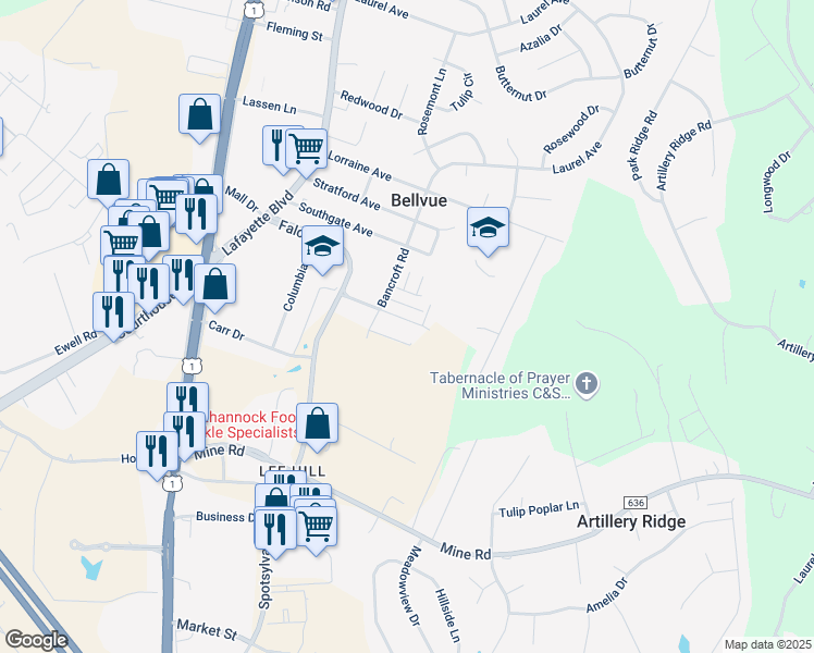 map of restaurants, bars, coffee shops, grocery stores, and more near 330 Clay Street in Fredericksburg