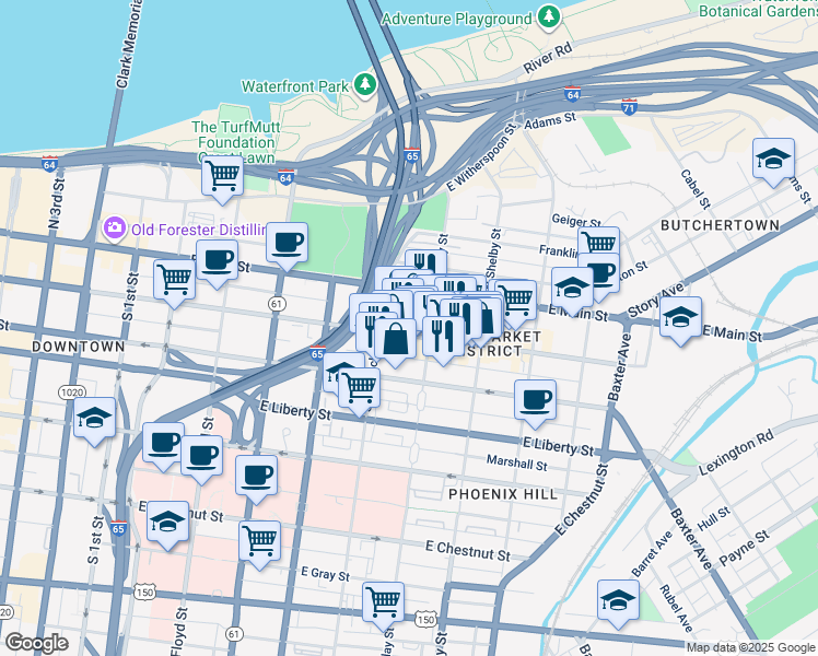 map of restaurants, bars, coffee shops, grocery stores, and more near 625 East Market Street in Louisville