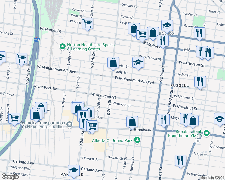 map of restaurants, bars, coffee shops, grocery stores, and more near 2526 West Madison Street in Louisville