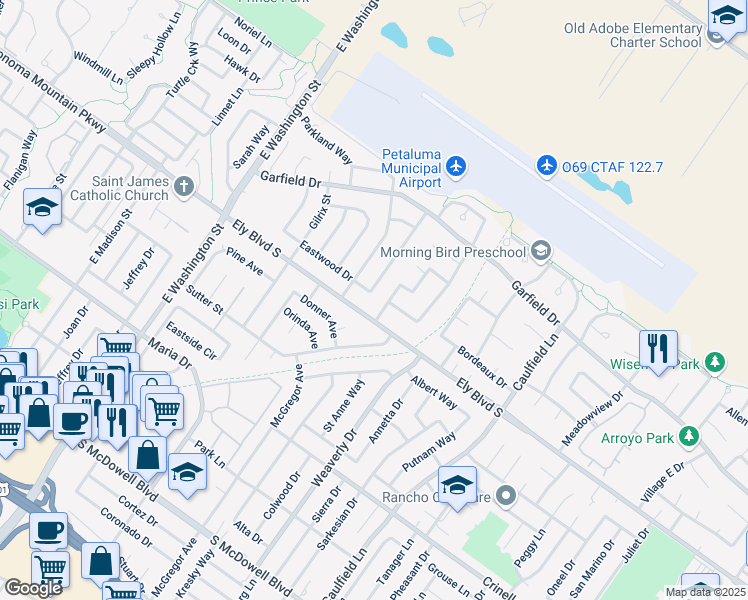 map of restaurants, bars, coffee shops, grocery stores, and more near 528 Ely Boulevard South in Petaluma