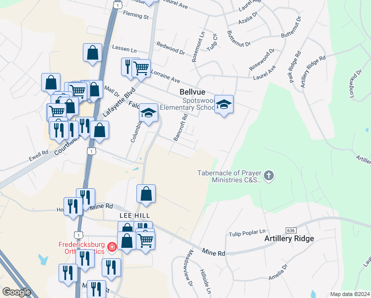 map of restaurants, bars, coffee shops, grocery stores, and more near 326 Clay Street in Fredericksburg