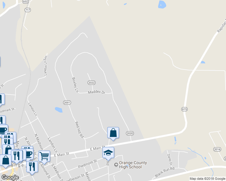 map of restaurants, bars, coffee shops, grocery stores, and more near 202 Boxley Lane in Orange
