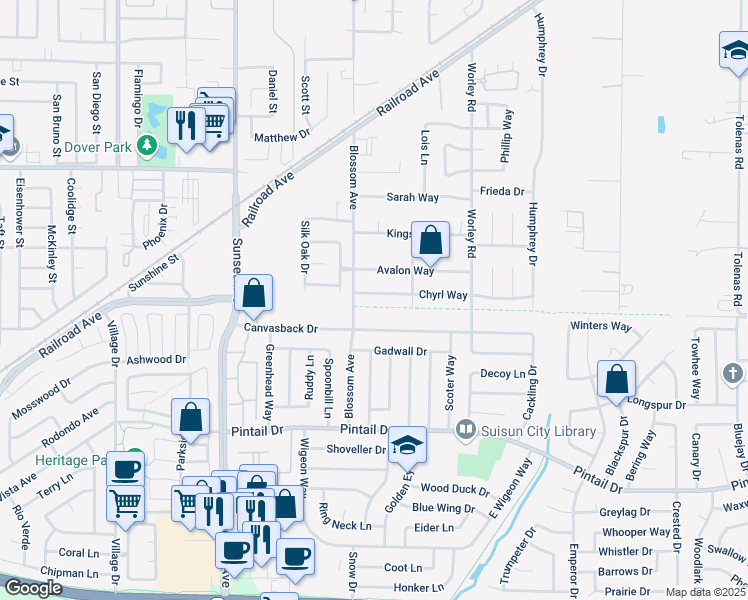 map of restaurants, bars, coffee shops, grocery stores, and more near 1101 Blossom Avenue in Suisun City