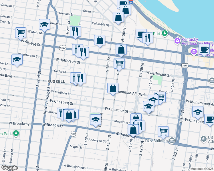 map of restaurants, bars, coffee shops, grocery stores, and more near 1602 Cedar Street in Louisville