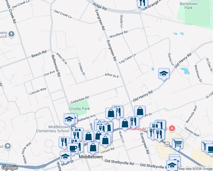 map of restaurants, bars, coffee shops, grocery stores, and more near 11808 Arbor Drive East in Louisville