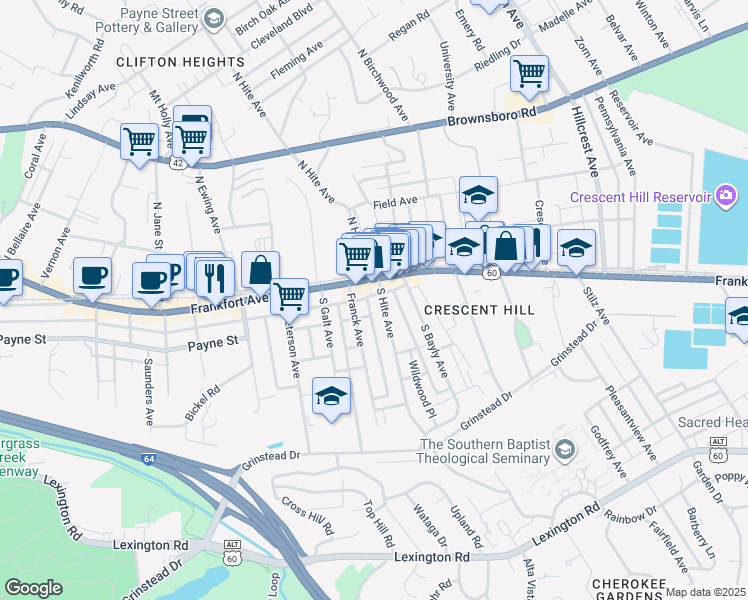 map of restaurants, bars, coffee shops, grocery stores, and more near 2704 Frankfort Avenue in Louisville
