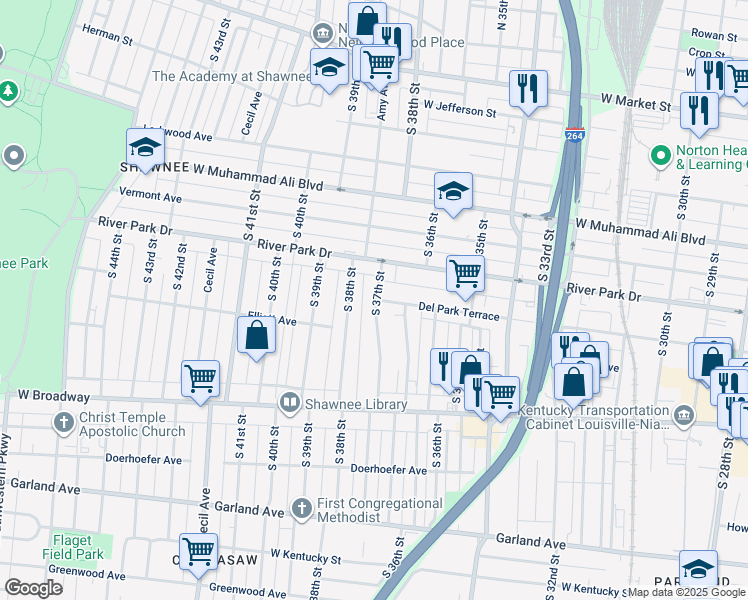 map of restaurants, bars, coffee shops, grocery stores, and more near 608 South 37th Street in Louisville