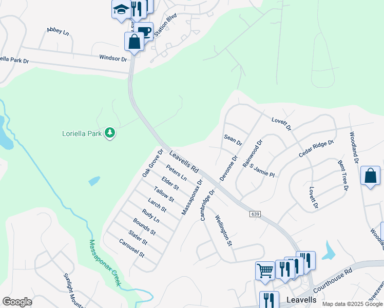 map of restaurants, bars, coffee shops, grocery stores, and more near 10817 Leavells Road in Fredericksburg