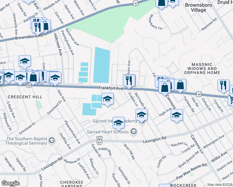 map of restaurants, bars, coffee shops, grocery stores, and more near in Louisville