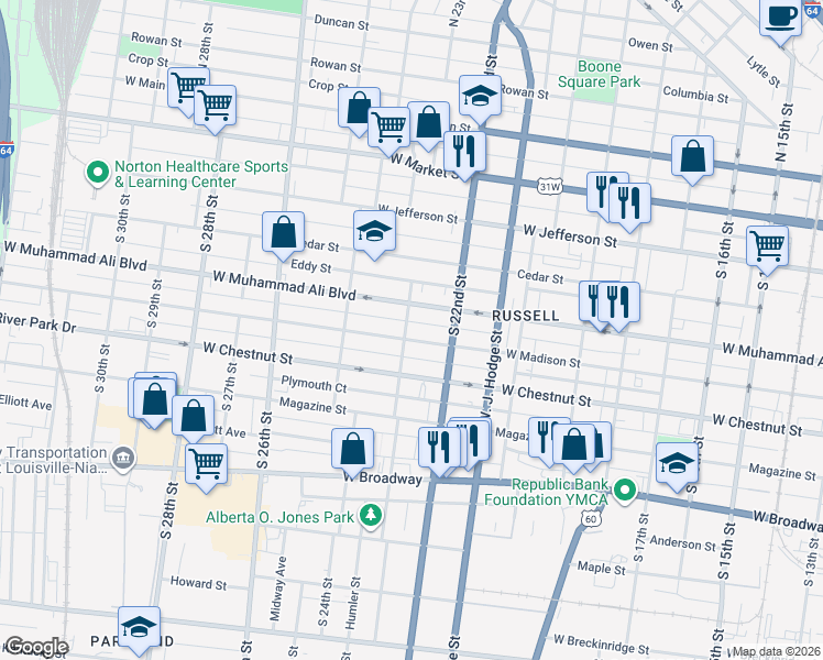 map of restaurants, bars, coffee shops, grocery stores, and more near 2306 West Muhammad Ali Boulevard in Louisville