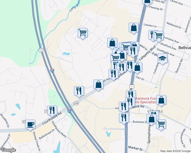 map of restaurants, bars, coffee shops, grocery stores, and more near 4755 Ewell Road in Fredericksburg