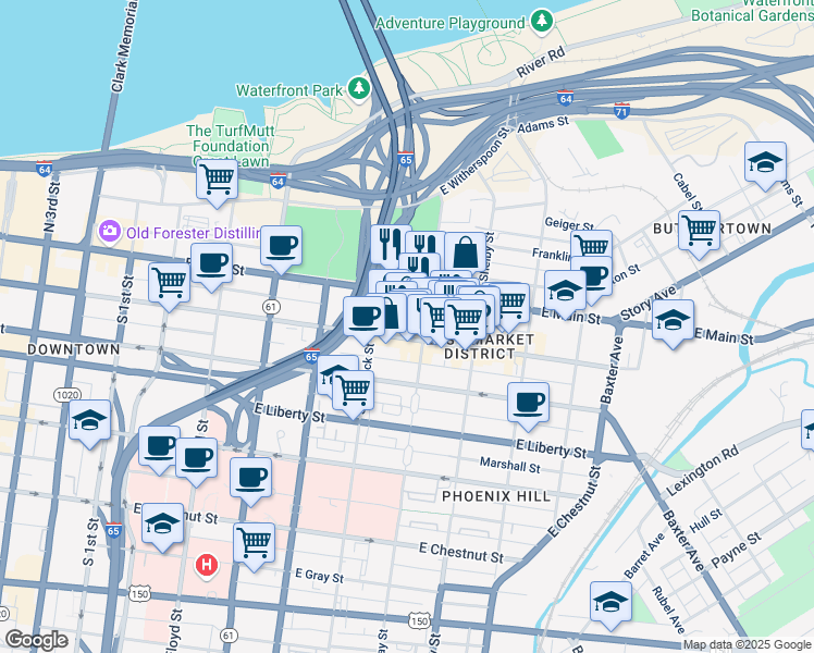map of restaurants, bars, coffee shops, grocery stores, and more near 636 East Main Street in Louisville