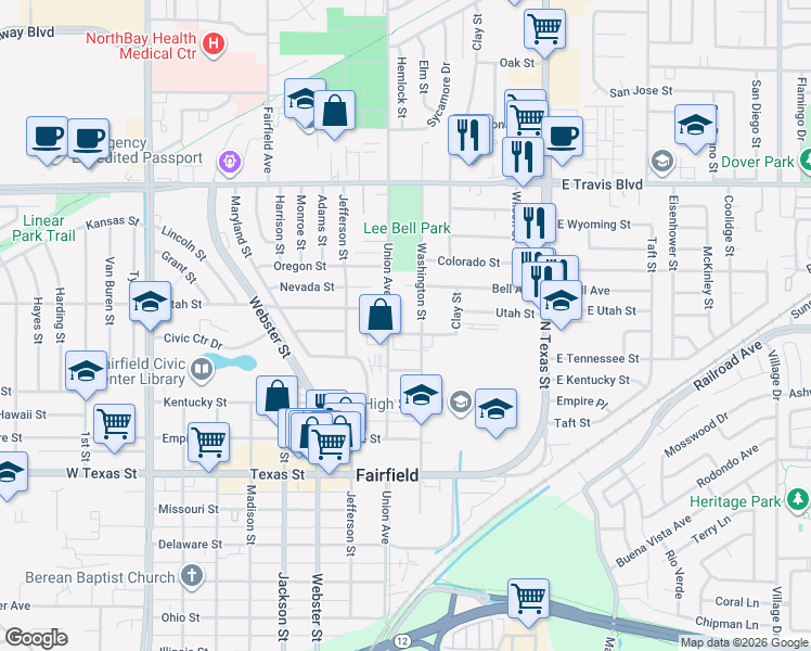 map of restaurants, bars, coffee shops, grocery stores, and more near 1130 Union Avenue in Fairfield
