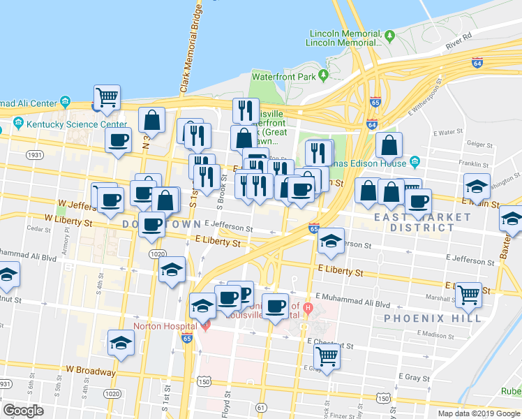 map of restaurants, bars, coffee shops, grocery stores, and more near 300 East Market Street in Louisville