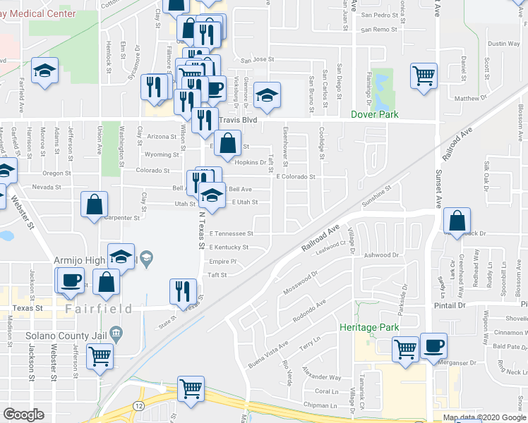 map of restaurants, bars, coffee shops, grocery stores, and more near 1048 East Tennessee Court in Fairfield