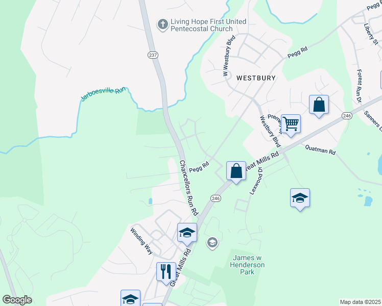 map of restaurants, bars, coffee shops, grocery stores, and more near 21339 Village Court in Great Mills