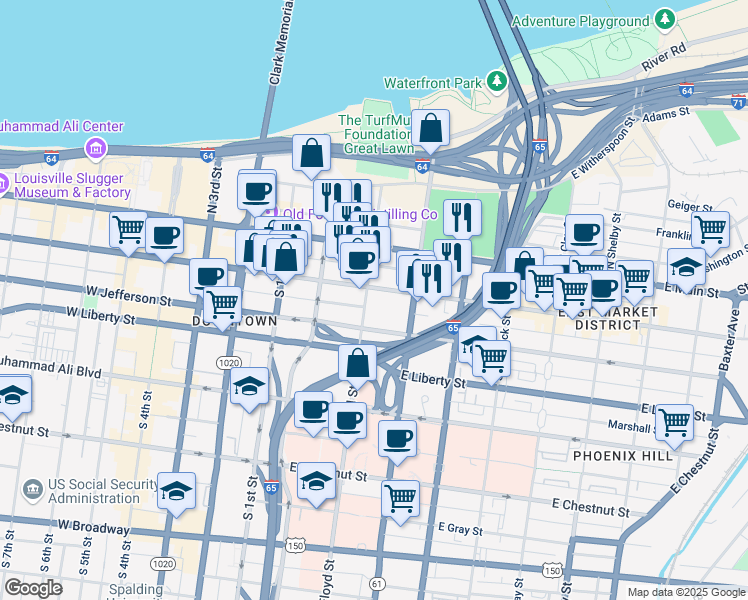 map of restaurants, bars, coffee shops, grocery stores, and more near 311 East Market Street in Louisville
