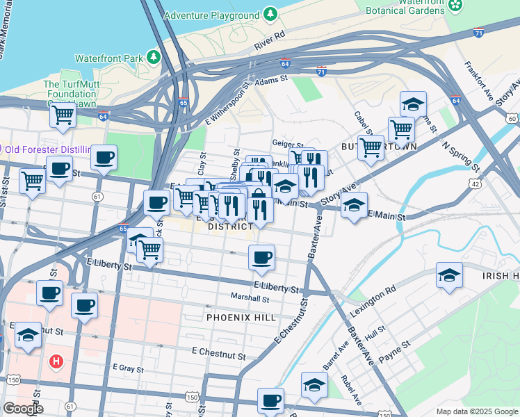 map of restaurants, bars, coffee shops, grocery stores, and more near 110 South Campbell Street in Louisville