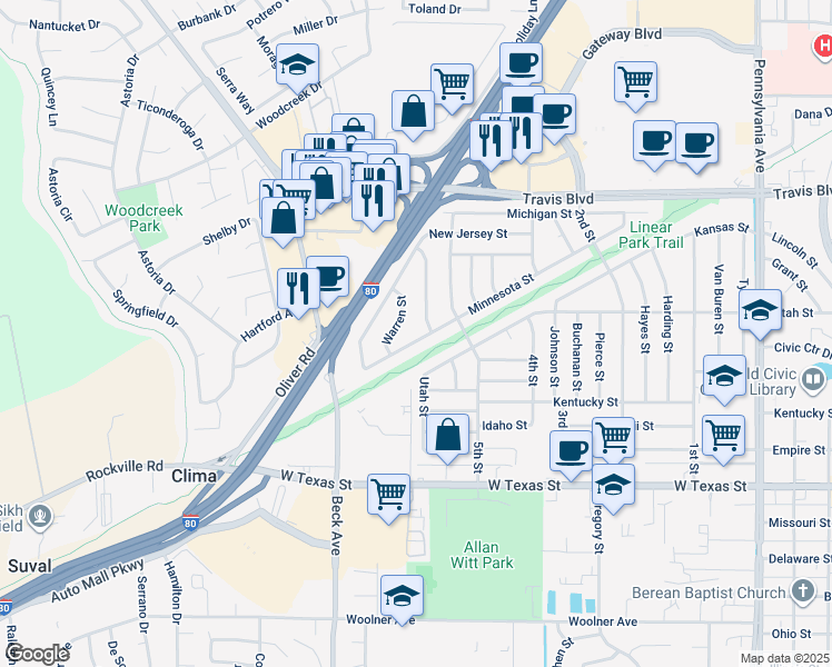 map of restaurants, bars, coffee shops, grocery stores, and more near 1842 Minnesota Street in Fairfield