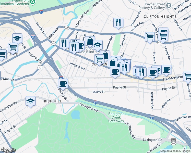 map of restaurants, bars, coffee shops, grocery stores, and more near 121 Haldeman Avenue in Louisville
