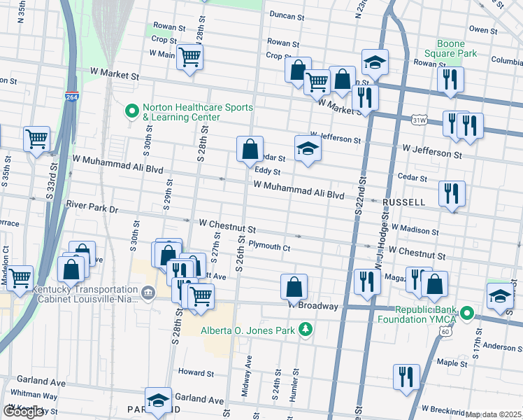 map of restaurants, bars, coffee shops, grocery stores, and more near 2508 West Madison Street in Louisville