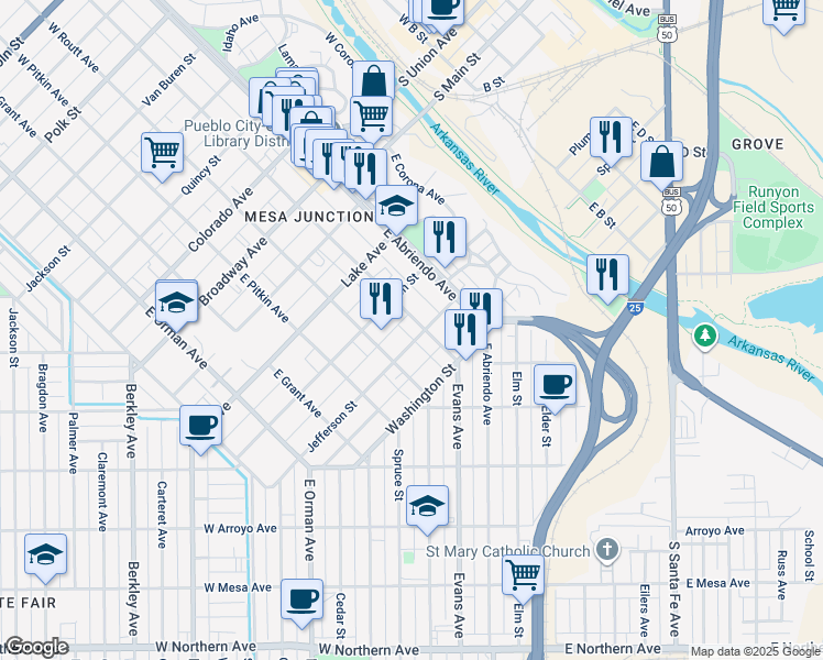 map of restaurants, bars, coffee shops, grocery stores, and more near 507 East Evans Avenue in Pueblo