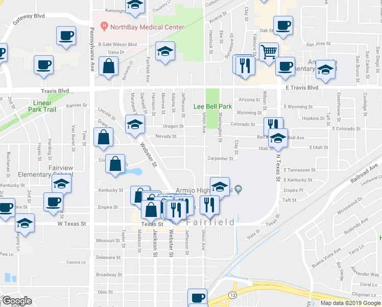 map of restaurants, bars, coffee shops, grocery stores, and more near 642 Utah Street in Fairfield