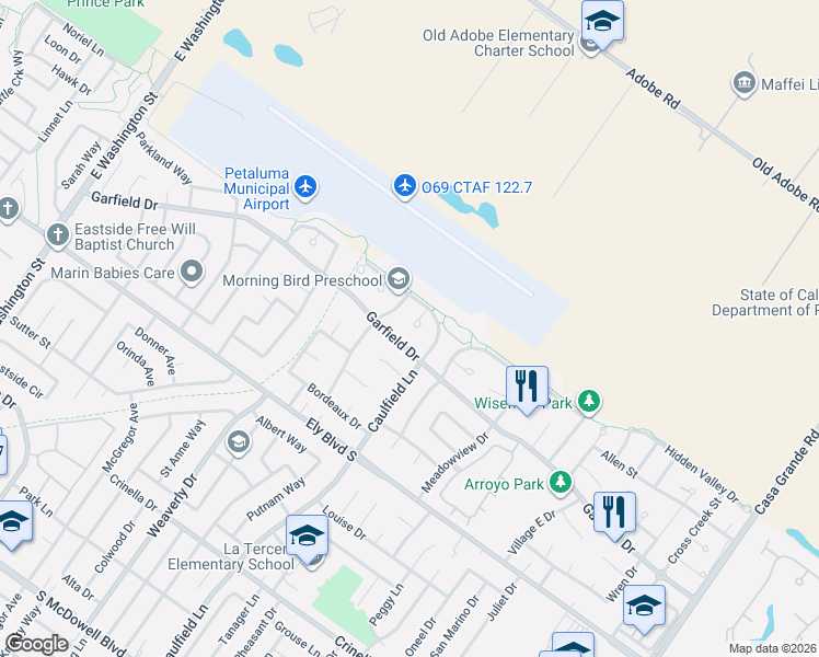 map of restaurants, bars, coffee shops, grocery stores, and more near 2112 Weatherby Way in Petaluma