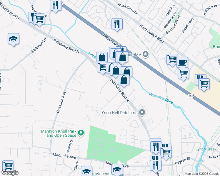 map of restaurants, bars, coffee shops, grocery stores, and more near 2337 Petaluma Boulevard North in Petaluma