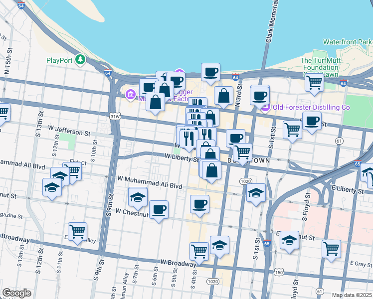 map of restaurants, bars, coffee shops, grocery stores, and more near 320 South 5th Street in Louisville