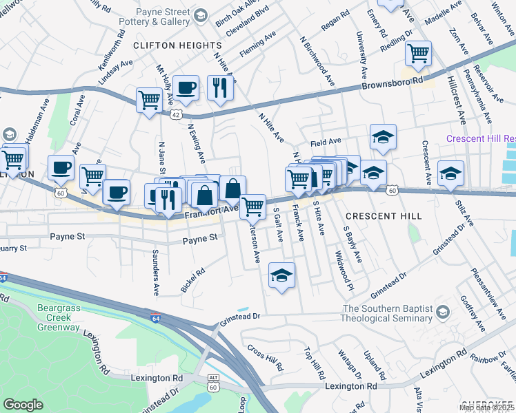map of restaurants, bars, coffee shops, grocery stores, and more near 2514 Frankfort Avenue in Louisville