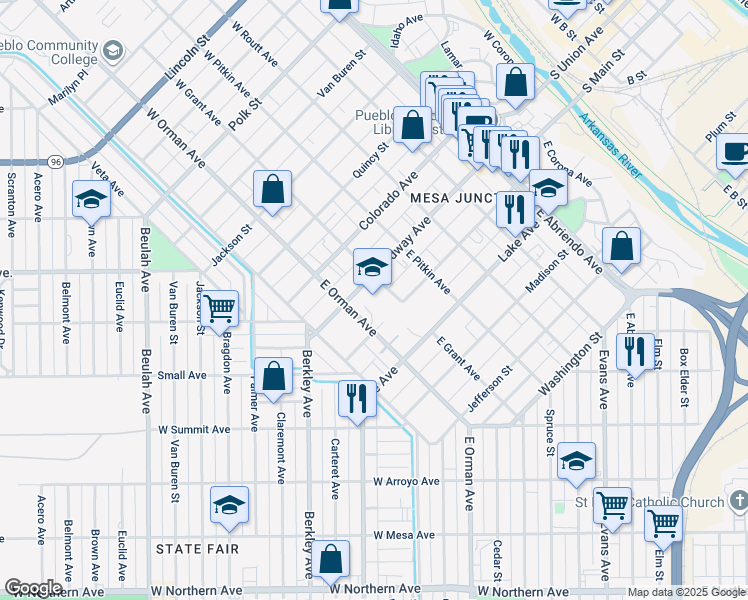 map of restaurants, bars, coffee shops, grocery stores, and more near 216 East Orman Avenue in Pueblo