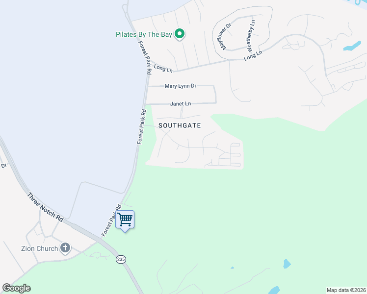 map of restaurants, bars, coffee shops, grocery stores, and more near Baywoods Road in Lexington Park