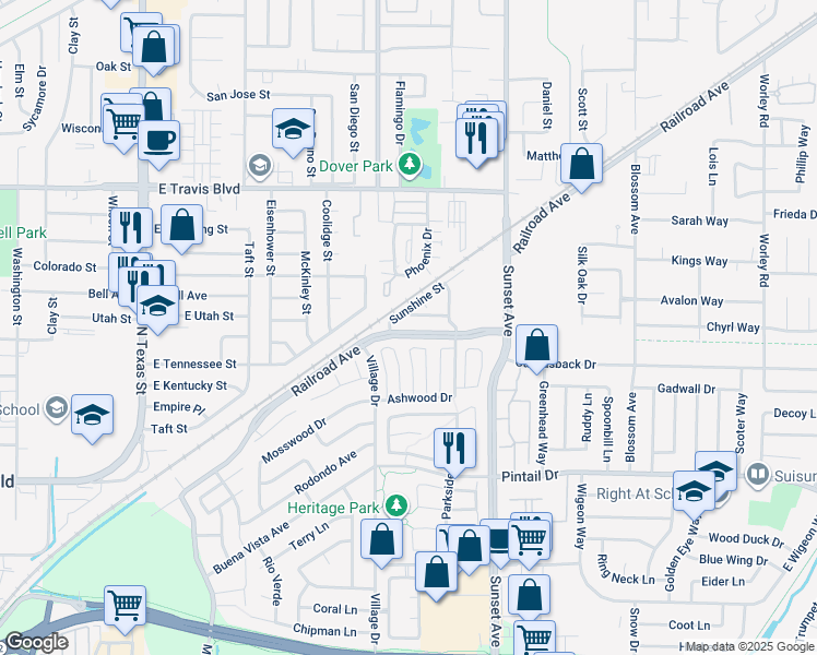 map of restaurants, bars, coffee shops, grocery stores, and more near 125 Summertime Lane in Suisun City