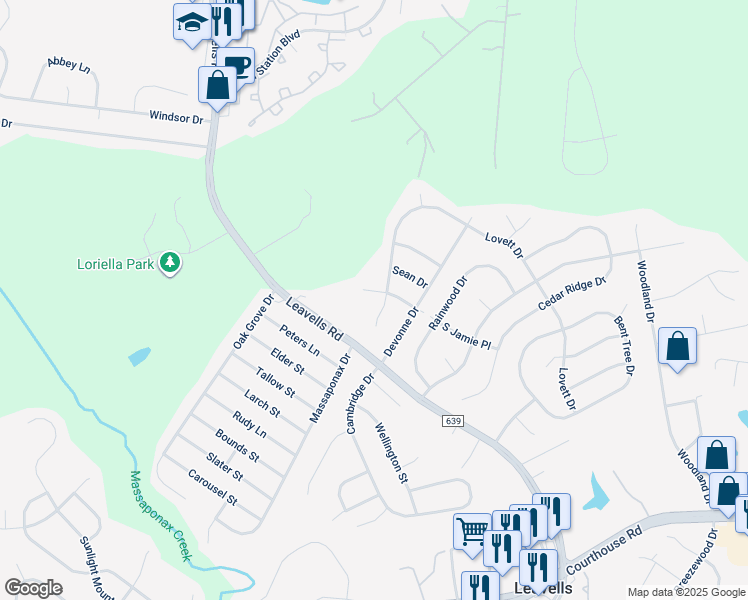 map of restaurants, bars, coffee shops, grocery stores, and more near 5410 Jamie Court in Fredericksburg