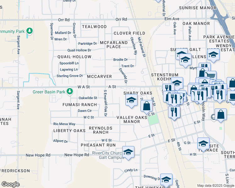 map of restaurants, bars, coffee shops, grocery stores, and more near 30 A Street in Galt