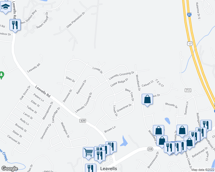 map of restaurants, bars, coffee shops, grocery stores, and more near 10708 Lovett Drive in Fredericksburg